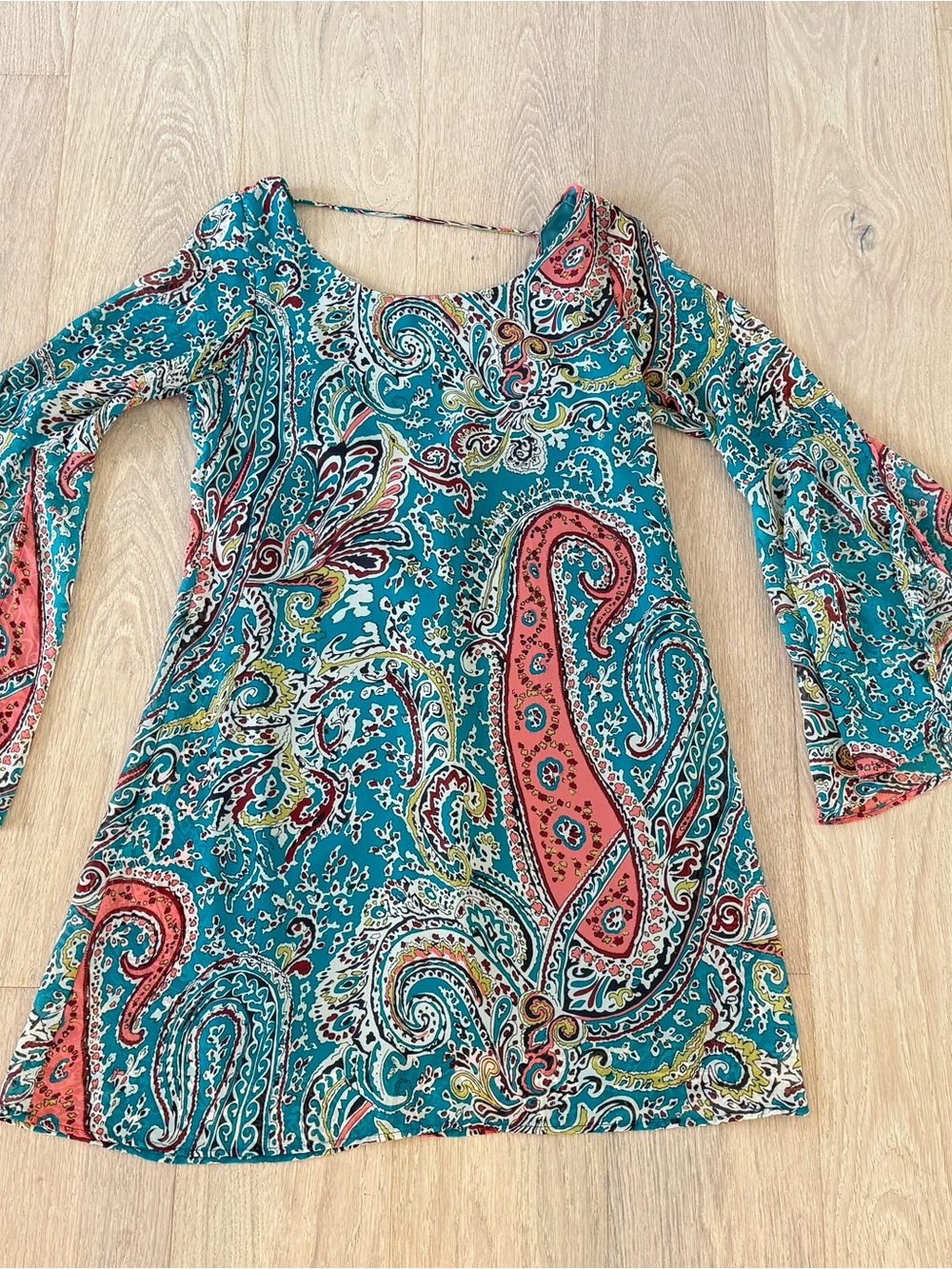 Vintage Tinley Boho Paisley Mini Dress Medium Teal Bell Sleeve Festival Dress